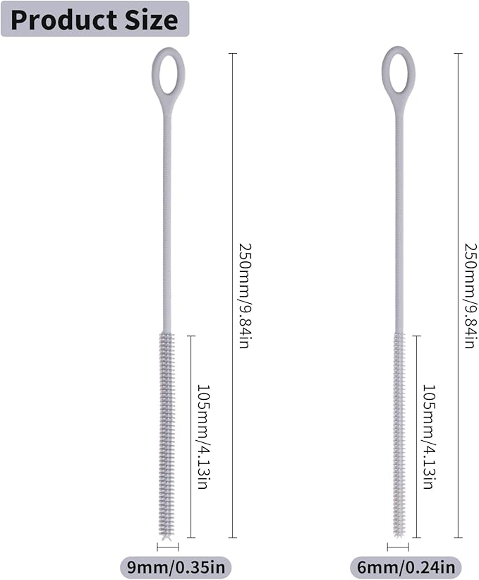 Silicone Straw Cleaner Brush, 2Pcs Reusable Straw Brush Extra Long for Cleaning Tumbler with Handle and Glass Metal Smoothie Straws, Non-slip Handle Soft and Bendable, 6mm+9mm (Gray)