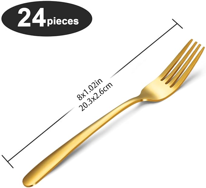 24 Pieces Dinner Forks Set (8 inch), Unokit Stainless Steel Dinner Forks Set of 24, Flatware Forks for Home, Kitchen or Restaurant - Mirror Polished, Dishwasher Safe - Gold