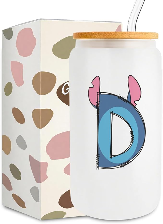 Cute Cartoon Lover Gifts Initial A-Z Personalized Iced Coffee Cup Cartoon Merch 16oz Glass Cup with Lid and Straws Birthday Christmas Gifts for Women Teen Girls Fans (Letter D)