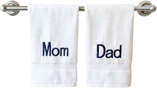 Navy Monogrammed Hand Towels for Bathroom - Luxury Hotel Quality Personalized Initial Decorative Embroidered Towel for Powder Room, Spa - GOTS Organic Certified - Dad and Mom