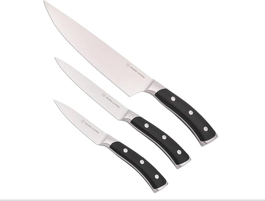 DURA LIVING 3-Piece Kitchen Knife Set – Ultra-Sharp German Stainless Steel, 8” Chef, 5” Utility, and 3.5” Paring Knives with Ergonomic Handles, Multipurpose Kitchen Knife Set, Black