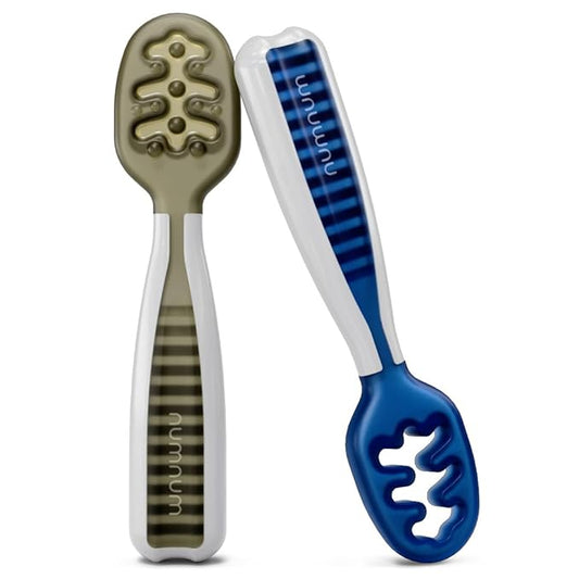 NumNum Baby Spoons Set, Baby Essentials Pre-Spoon GOOtensils for 6+ Months, First Stage Self-Feeding Spoons for Baby Led Weaning (BLW), Silicone Toddler Utensils, BPA-Free, 2 Pack Olive/Newbury Navy