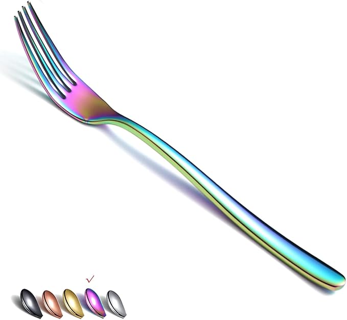 Rainbow Stainless Steel 8'' Dinner Forks 6 Piece Silverware Set, Table & Salad Forks for Home, Kitchen or Restaurant, Dishwasher Safe
