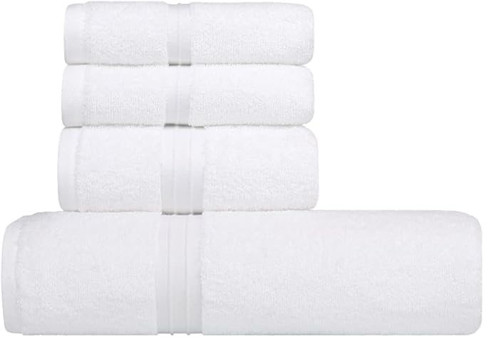 Luxury Bath Towels Set of 4 - Luxury & Soft 100% Cotton, Absorbent, Soft - Includes 1 Shower Towel (28" x 56"), 1 Bath Hand Towel (16"x28") and 2 Wash Cloths (12"x12") - White