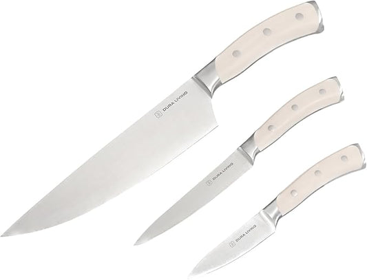 DURA LIVING 3-Piece Kitchen Knife Set – Ultra-Sharp German Stainless Steel, 8” Chef, 5” Utility, and 3.5” Paring Knives with Ergonomic Handles, Multipurpose Kitchen Knife Set, Clear