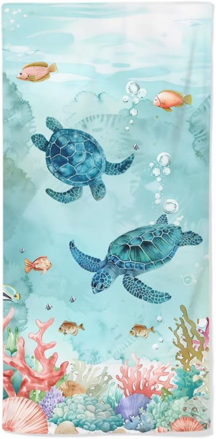 Sea Turtle Hand Towels Set of 2 - Breathable Ocean Beach Towels, Highly Absorbent Marine Life Coastal Bath Towels for Gym, Hotel, Summer Bathroom Decor - 28.7x13.7 Inch