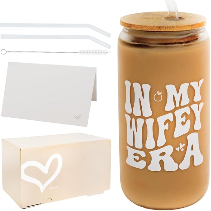 In My Wifey Era Cup 16oz Glass Coffee Cup with Bamboo Lid & Straw | Wifey Bride Cup, Cute Aesthetic Glass Tumbler for Women