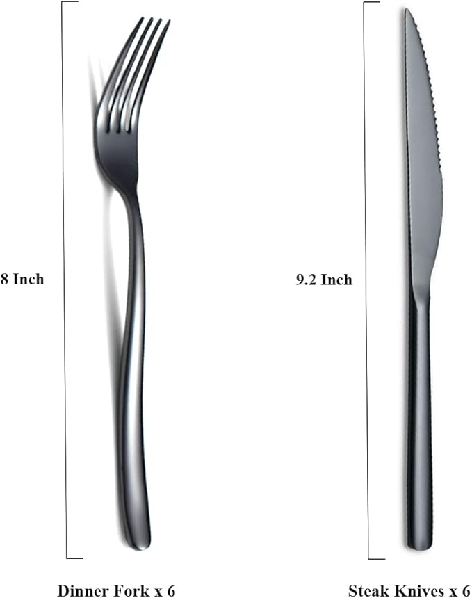 Black Steak Knives Set 12 Piece, Premium Stainless Steel 6 Dinner Forks and 6 Dinner Knives Set, Steak Knives Steak Forks for 6 Person, Dishwasher Safe (Shiny Black)