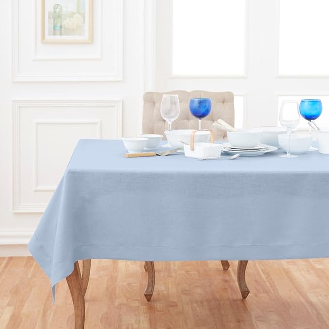 Solino Home Sky Blue Linen Tablecloth 54 x 72 Inch - 100% Pure Linen Hemstitch Table Cloth for Rectangle Tables - Classic Hemstitch, Machine Washable Tablecloth for New Year