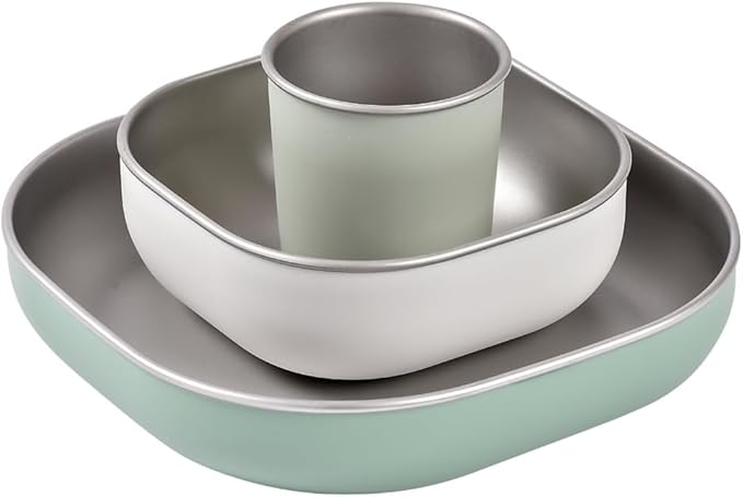 BEABA Stainless Steel Meal Set | Microwave and Oven Safe | Baby Plates Baby Bowls and Cup with Anti-Slip Silicone Cover | Kids Plates Non Toxic, Sage Green