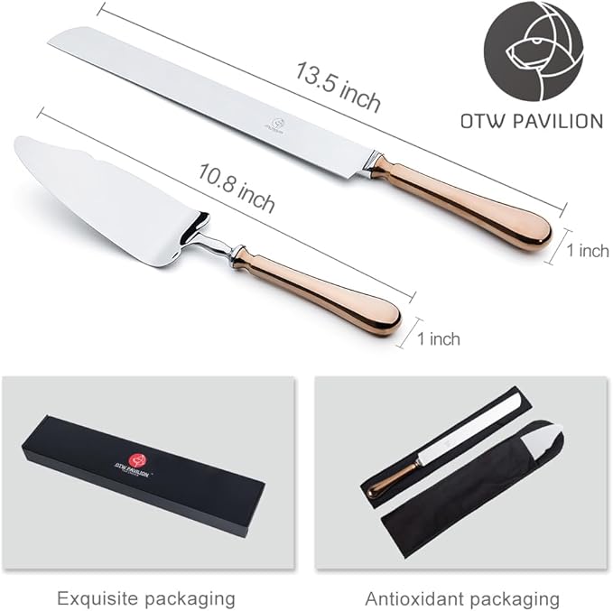 Wedding Cake Knife and Server Set,Rose Gold 18/10 Stainless Steel 2 Piece Dessert Set Pie Server Cake Cutter Knife for Birthday,Anniversary,Holiday,Baby Shower,Party