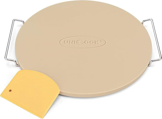 Unicook 12 Inch Round Pizza Stone for Oven and Grill, Cordierite Bread Baking Stone, Baking Crispy Pizzas, Bread and Cookies, Includes Carry Rack and Dough Scraper