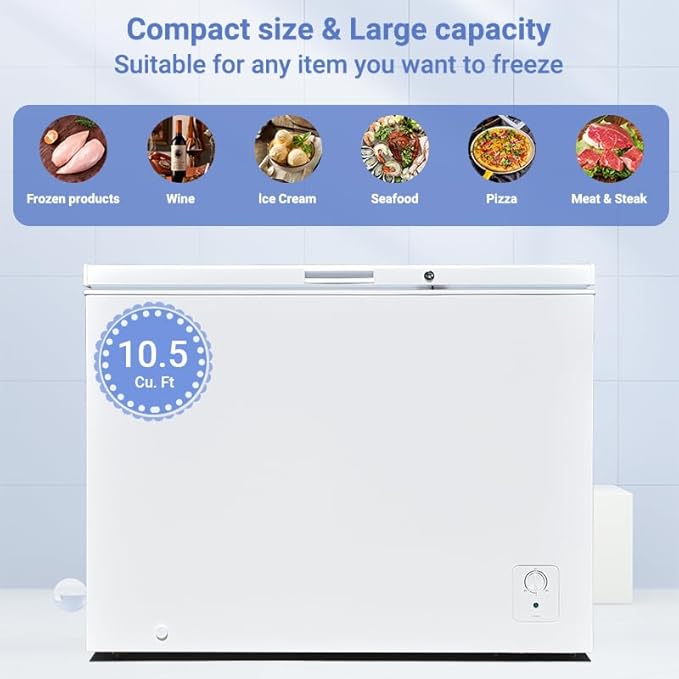 SMETA Chest Freezer, 10 Cubic Feet Deep Freezer with 3 Basket, Garage Ready, Low Noise, Adjustable Thermostat, Energy Saving with 4 Wheels for Kitchen, Office, Meat, House, Commercial, White