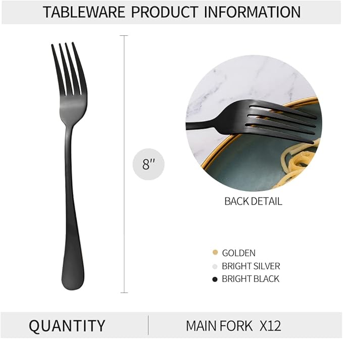 12Pcs Black Stainless Steel Dinner Forks, Silverware Forks, Flatware Forks Set Of 12, Dishwasher Safe