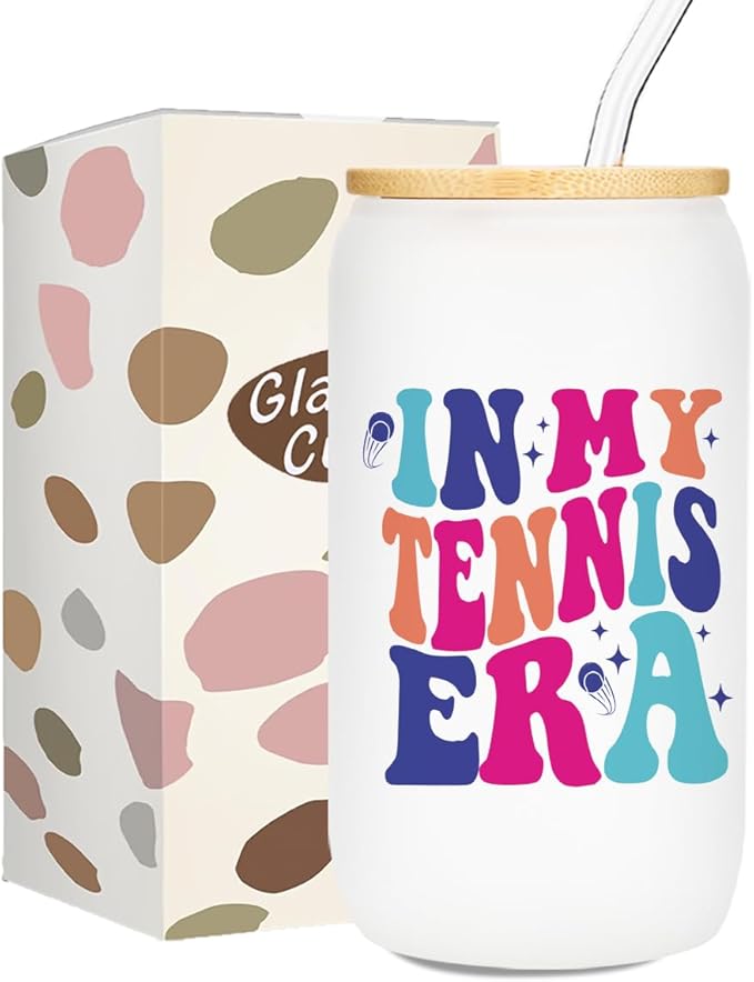 Tennis Gifts for Women, Iced Coffee Cup, Tennis Party Decorations, 16 oz Coffee Glass Cups with Lids Straws, Tennis Accessories, Tennis Stuff, Christmas Gifts for Women Coach Tennis Lovers Teams