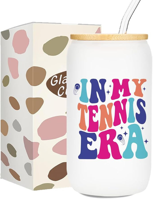 Tennis Gifts for Women, Iced Coffee Cup, Tennis Party Decorations, 16 oz Coffee Glass Cups with Lids Straws, Tennis Accessories, Tennis Stuff, Christmas Gifts for Women Coach Tennis Lovers Teams