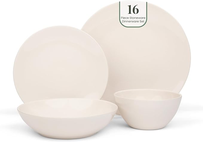 Larder & Vine Ceramic Stoneware Dinnerware 16-Piece Set, 4 Place Settings (White)