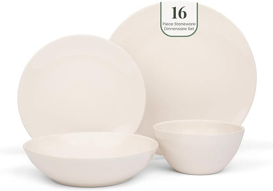 Larder & Vine Ceramic Stoneware Dinnerware 16-Piece Set, 4 Place Settings (White)
