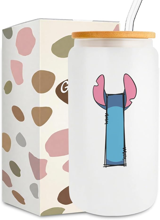 Cute Cartoon Lover Gifts Initial A-Z Personalized Iced Coffee Cup Cartoon Merch 16oz Glass Cup with Lid and Straws Birthday Christmas Gifts for Women Teen Girls Fans (Letter I)