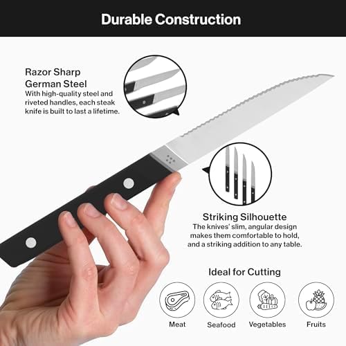 Misen Steak Knives Set of 4 - Precision Serrated Blades for Effortless Dining - German Stainless Steel - Superior Cuts with Four Steak Knives - Comfortable, Sleek Handles - White