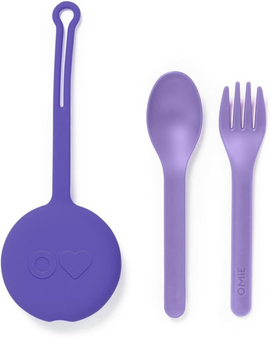 Omie OmieBox Kids Utensils Set with Case - 2 Piece Plastic, Reusable Fork and Spoon Silverware with Pod for Kids (Lilac)