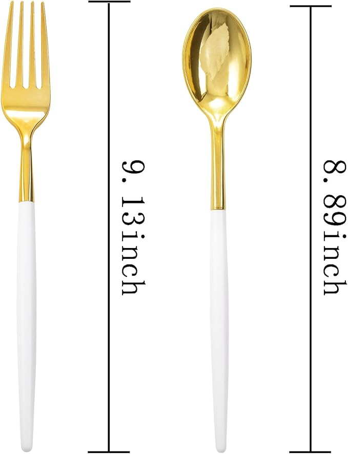 I00000 120 Pcs Disposable Dinnerware - Gold Plastic Utensils Set with White Handle, Include 60 Forks, 60 Spoons for Dinner Wedding Party