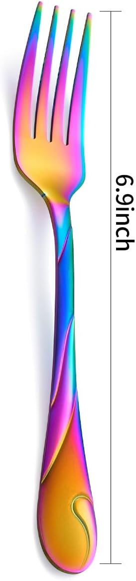 Rainbow Salad Fork Set, 6.9-inch Stainless Steel Dessert Forks, 6-Piece Shiny Metal Small Cake Fork, Iridescent Silverware Set, Dishwasher Safe