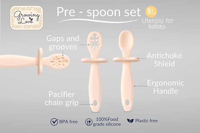 Growing Love Baby Spoons Set, Self Feeding 6 months, Pre-Spoon, Baby utensils, Toddler spoon, training spoon, cuchara bebe, blw, 100% silicone, Anti choke shield (vanilla)