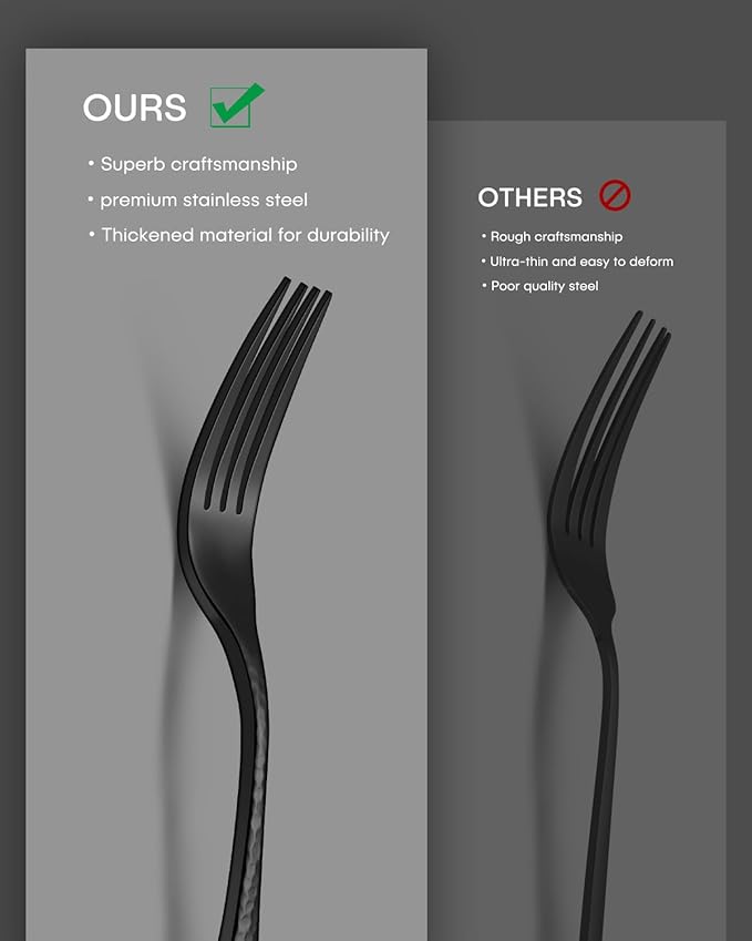 Hammered Silverware Set, Ollex 60-Piece Black Flatware Set for 12 Mirror Finish Stainless Steel Eating Utensils Sets Include Forks Spoons and Knives Tableware Kitchen Cutlery Sets, Dishwasher Safe