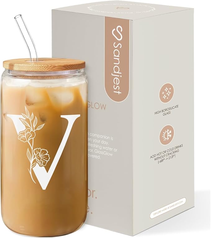 SANDJEST Monogrammed Gifts for Women - Monogram V Initial Glass Cup 16 Oz Can Coffee Cups with Lid and Straw - Monogram Initials Gifts for Womens on Birthday