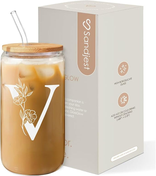 SANDJEST Monogrammed Gifts for Women - Monogram V Initial Glass Cup 16 Oz Can Coffee Cups with Lid and Straw - Monogram Initials Gifts for Womens on Birthday