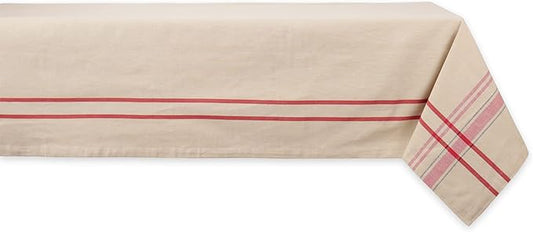 DII French Stripe Tabletop Collection Farmhouse Style Dining Table Linen Tablecloth, 60x120, Taupe/Red