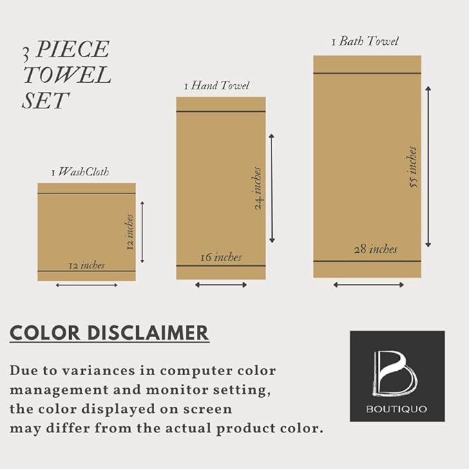 BOUTIQUO Ultra Soft 3 Pack Cotton Towel Set, Contains a Bath Towels 28x55 inch, a Hand Towels 16x24 inch & a Wash Coths 12x12 inch, Ideal Everyday use, Compact & Lightweight - Charcoal Grey