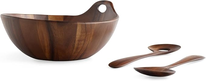 Nambé Portables Collection Salad Bowl – 11” Acacia Wood Serving Bowl with Handle & Matching Servers – Elegant Tableware for Salads, Dining & Entertaining, Contemporary Natural Design