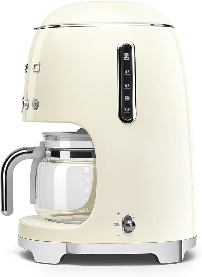 Smeg 50's Retro Style Aesthetic Drip Coffee Machine with 10 Cup Glass Carafe, Auto Start Feature, Keep Warm Plate, and Two Coffee Strength Settings (Cream)