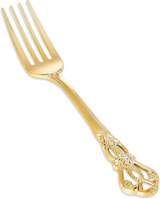 30PCS Gold Plastic Forks - 8.1inch Gold Forks Disposable - Vintage Heavy Duty Dessert Forks - Premium Fancy Plastic Silverware for Parties, Weddings, Dinners and Events