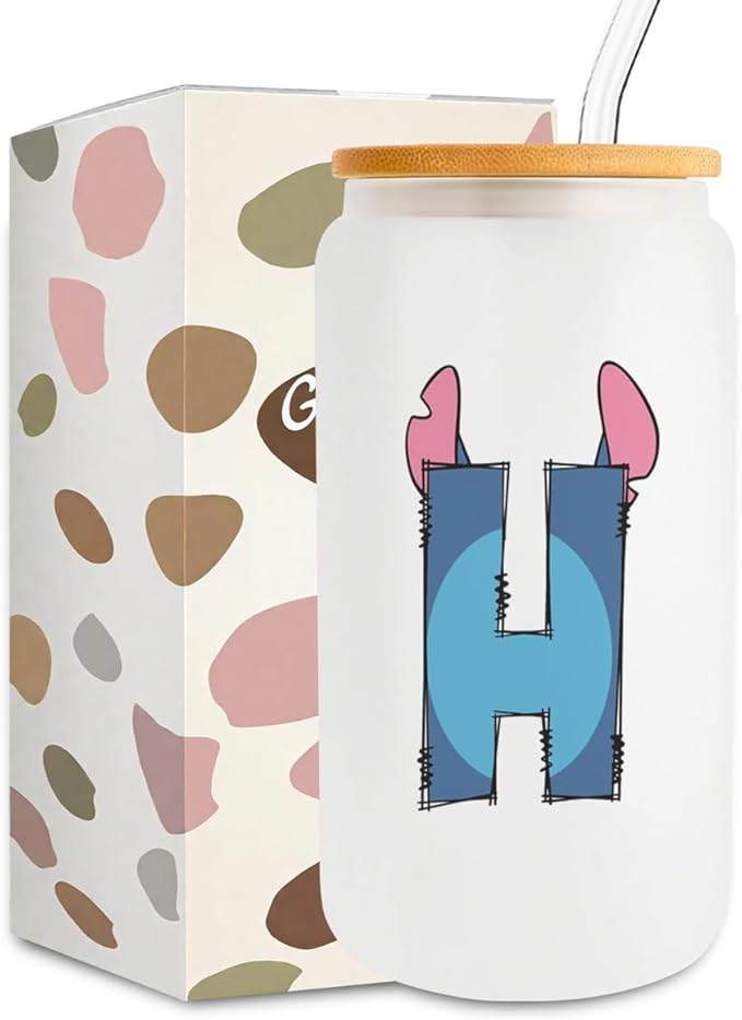 Cute Cartoon Lover Gifts Initial A-Z Personalized Iced Coffee Cup Cartoon Merch 16oz Glass Cup with Lid and Straws Birthday Christmas Gifts for Women Teen Girls Fans (Letter H)