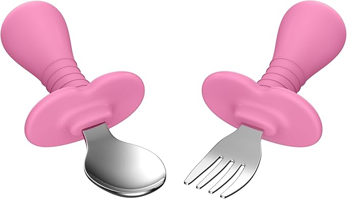 2 Pieces Toddler Utensils Forks and spoons set, Stainless Steel Childrens Silverware for Safe flatware Metal Kids Cutlery set with Round Handle, BPA Free, Anti-Choke Design (Pink)