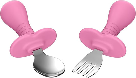 2 Pieces Toddler Utensils Forks and spoons set, Stainless Steel Childrens Silverware for Safe flatware Metal Kids Cutlery set with Round Handle, BPA Free, Anti-Choke Design (Pink)