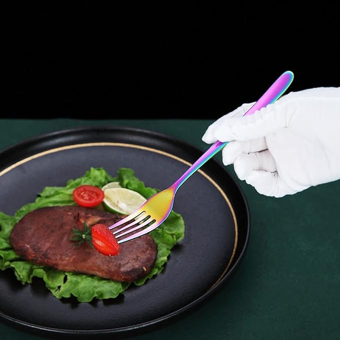 Rainbow Stainless Steel 8'' Dinner Forks 6 Piece Silverware Set, Table & Salad Forks for Home, Kitchen or Restaurant, Dishwasher Safe