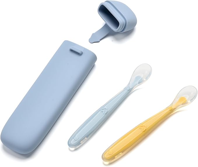 Silicone Baby Spoons for Baby Led Weaning, Spoons with Storage Box，Feeding Spoons for First Stage Baby Dishwasher Safe (Blue)