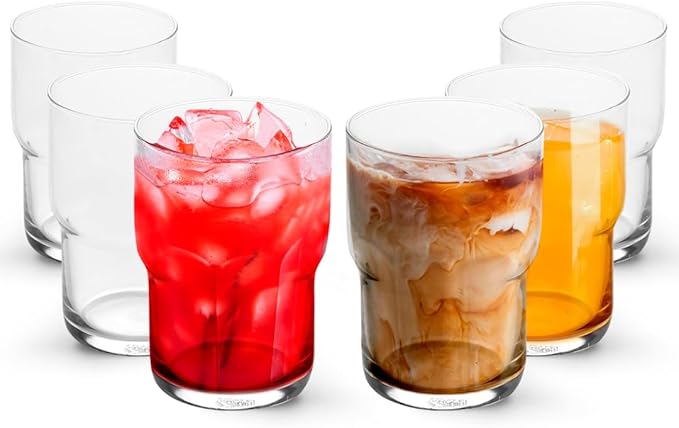 LEMONSODA Stackable Iced Coffee Glasses Set of 6, 48-15 and 21oz Drinking Glasses for Lattes, Tea, Coffee, and Water (15oz, Set of 6)