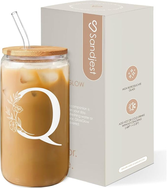 SANDJEST Monogrammed Gifts for Women - Monogram Q Initial Glass Cup 16 Oz Can Coffee Cups with Lid and Straw - Monogram Initials Gifts for Womens on Birthday