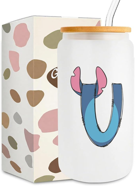Cute Cartoon Lover Gifts Initial A-Z Personalized Iced Coffee Cup Cartoon Merch 16oz Glass Cup with Lid and Straws Birthday Christmas Gifts for Women Teen Girls Fans (Letter U)