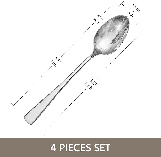 KINGSTONE 4 Piece Dinner Spoon Set, 18/10 Stainless Steel Spoons, Silver Food Grade Table spoons of 4, Metal Spoons for Home, Kitchen, Weddings, Parties or Restaurant, Dishwasher Safe-8.15inches
