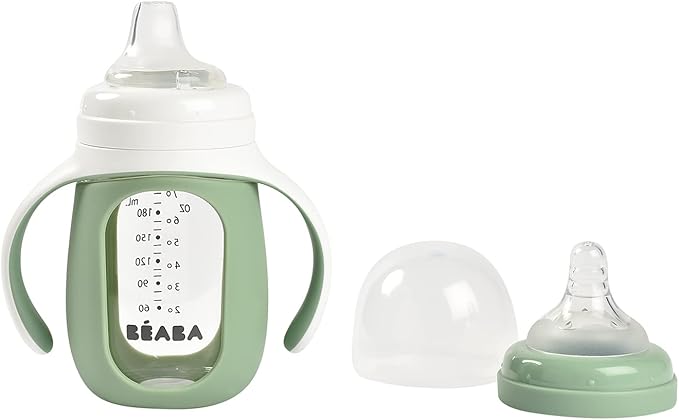 BEABA 2-in-1 Glass Baby Bottle to Glass Transition Sippy Cup, Spill Proof Sippy Cup, Toddler Baby Bottle with Soft Silicone Nipple and Spout, 7 oz (Sage)