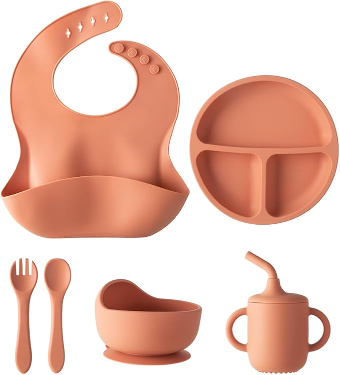 6-Piece Baby Feeding Set, Silicone Baby Mealtime Kit for Food-Grade Strong Suction Baby Plate+Baby Cup+ Bib+Fork+Spoon+Bowl, Toddler Eating Essentials Washable Parenting Gift Idea (Brick red)