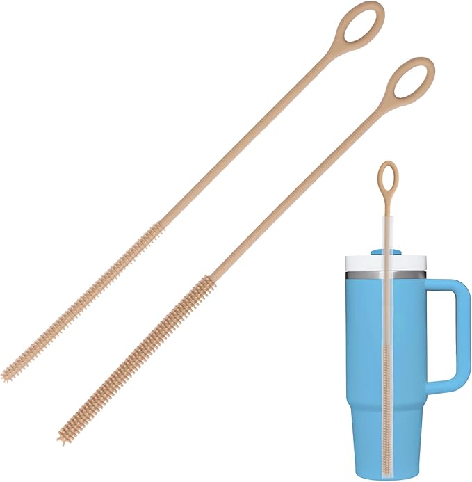 Silicone Straw Cleaner Brush, 2Pcs Reusable Straw Brush Extra Long for Cleaning Tumbler with Handle and Glass Metal Smoothie Straws, Non-slip Handle Soft and Bendable, 6mm+9mm (Brown)