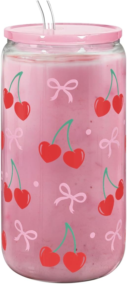 Cherry 16 Oz Can Glass Tumbler with Acrylic Lid and Straw - Iced Coffee Cups for Women, Aesthetic Glass Cup Gift for Birthday Christmas