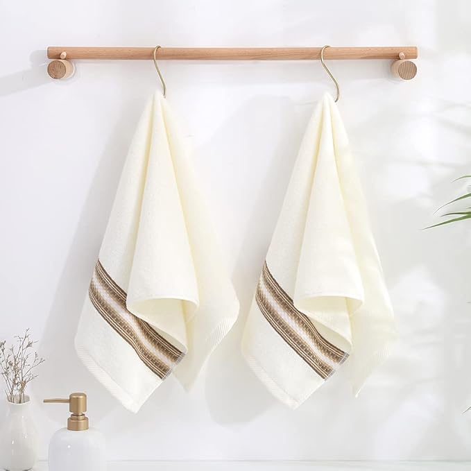 YiLUOMO Hand Towel Set of 2 Super Soft 100% Cotton Highly Absorbent Decorative Textured Striped Hand Towels for Bathroom 13 x 29 Inch (Beige)